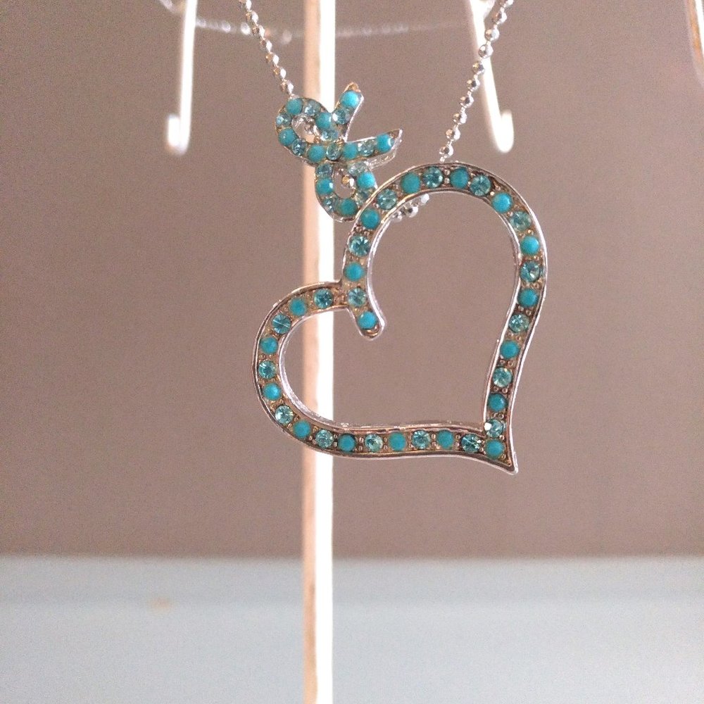 Turquoise Rhinestone Heart & Ribbon Necklace - Picture 3 of 6